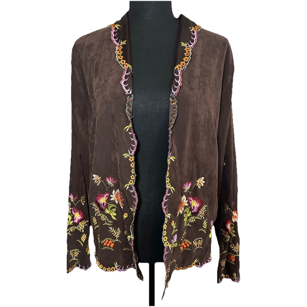 Silk Club Collection Women Chocolate Brown Floral Embroidered Thin Jacket LARGE‎